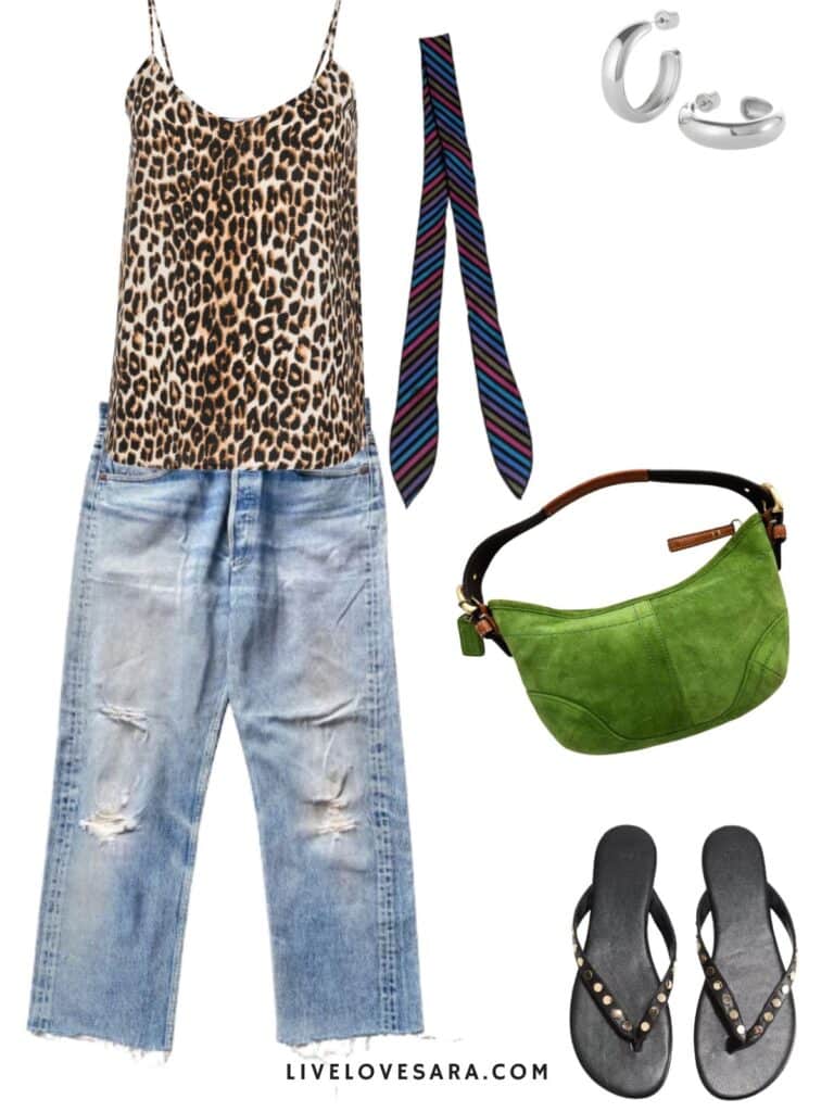 A photo of an outfit of an animal print camisole, vintage Levis, a skinny scarf, a green bag, silver hoop earrings, and a flip flops.