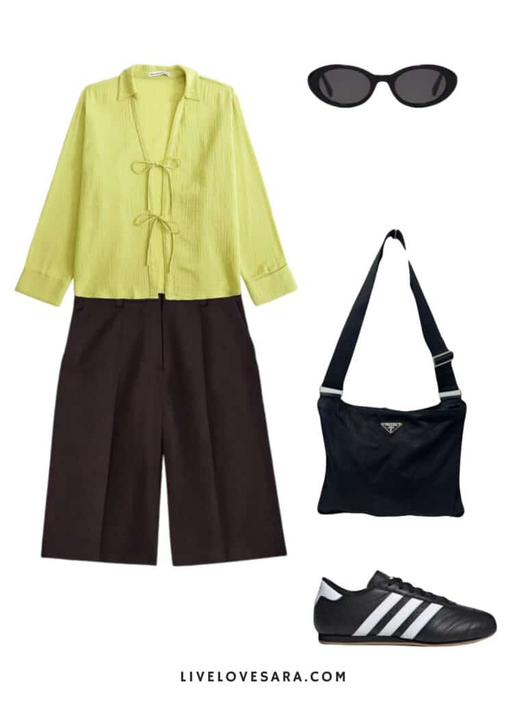 A photo of an outfit of a yellow toe front shirt, bermuda shorts, Adidas, a Prada crossbody and black sunglasses.