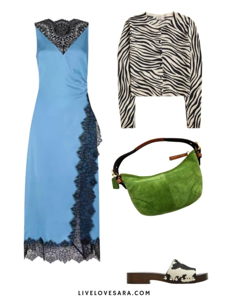 A photo of an outfit of a blue wrap slip dress, zebra print cardigan, green shoulder bag, and slides.