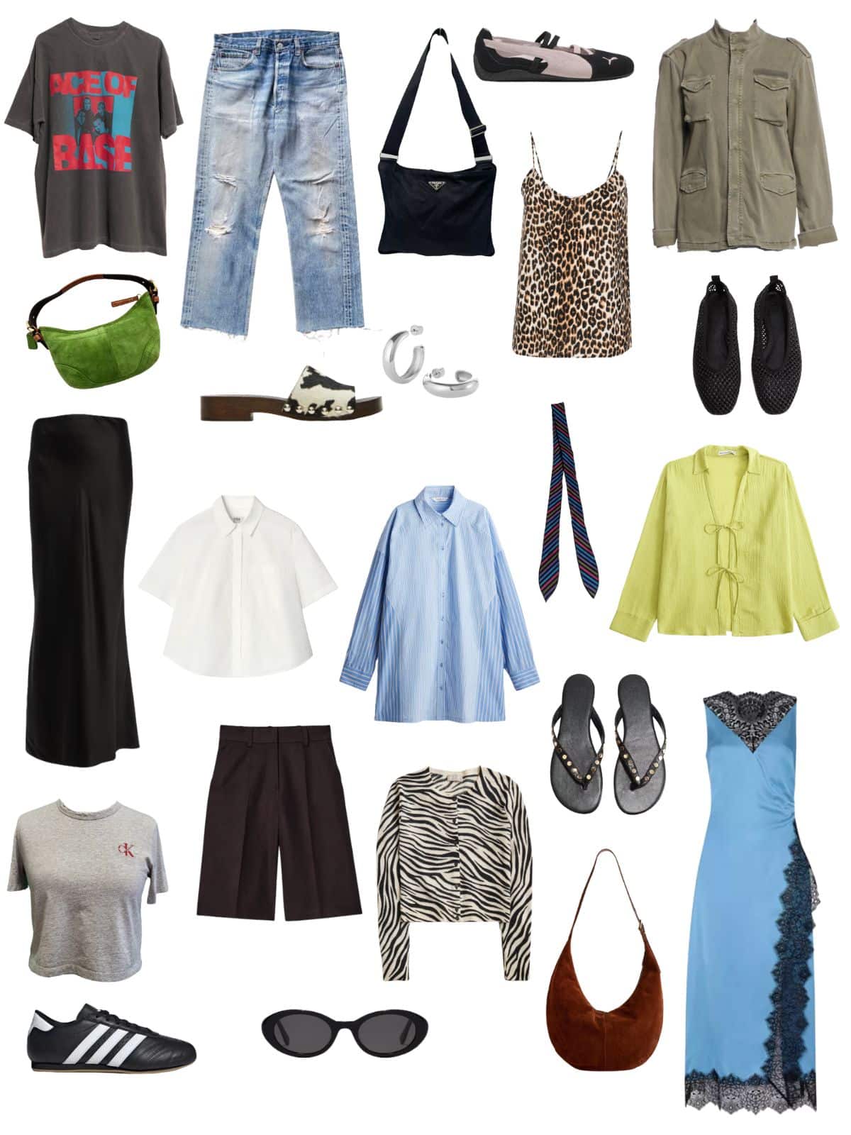 A white background with 12 outfits for Building a Y2K-Inspired Summer Capsule Wardrobe