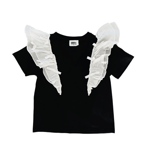 black tee with white shoulder frills