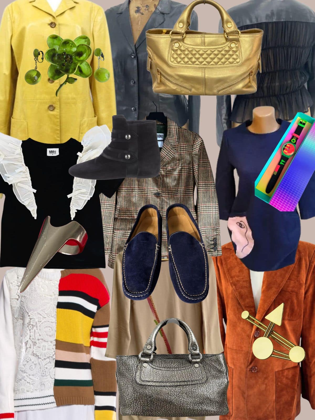 a collage of different types of women's clothing and accessories. All vintage or secondhand.