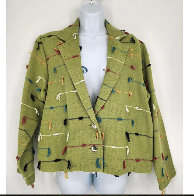 Vintage Green Cotton Tassel Yarn Blazer