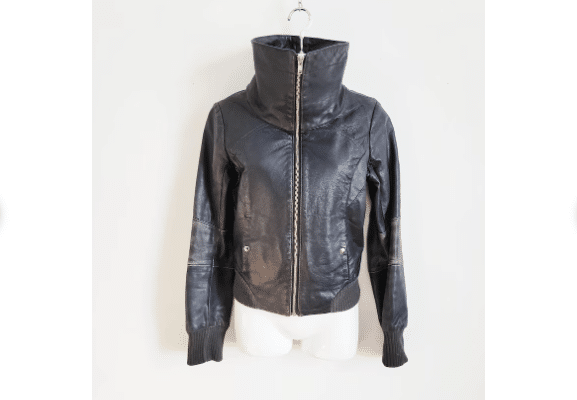 Navy Blue Leather Bomber Jacket.