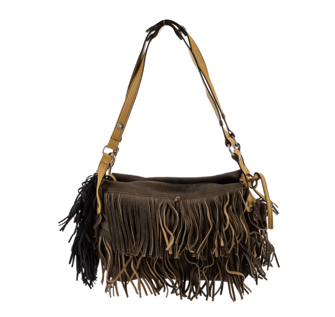 brown sued fringed shoulder bag