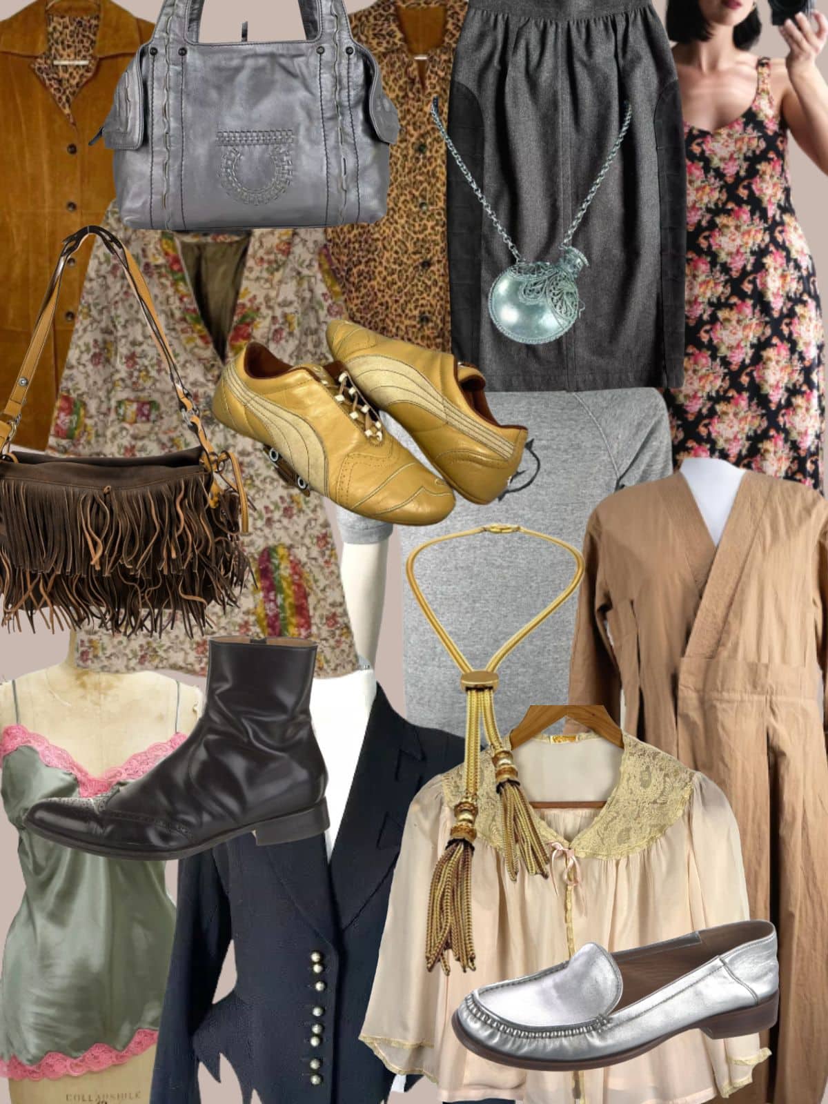 a collage of different types of women's clothing and accessories. All vintage or secondhand.