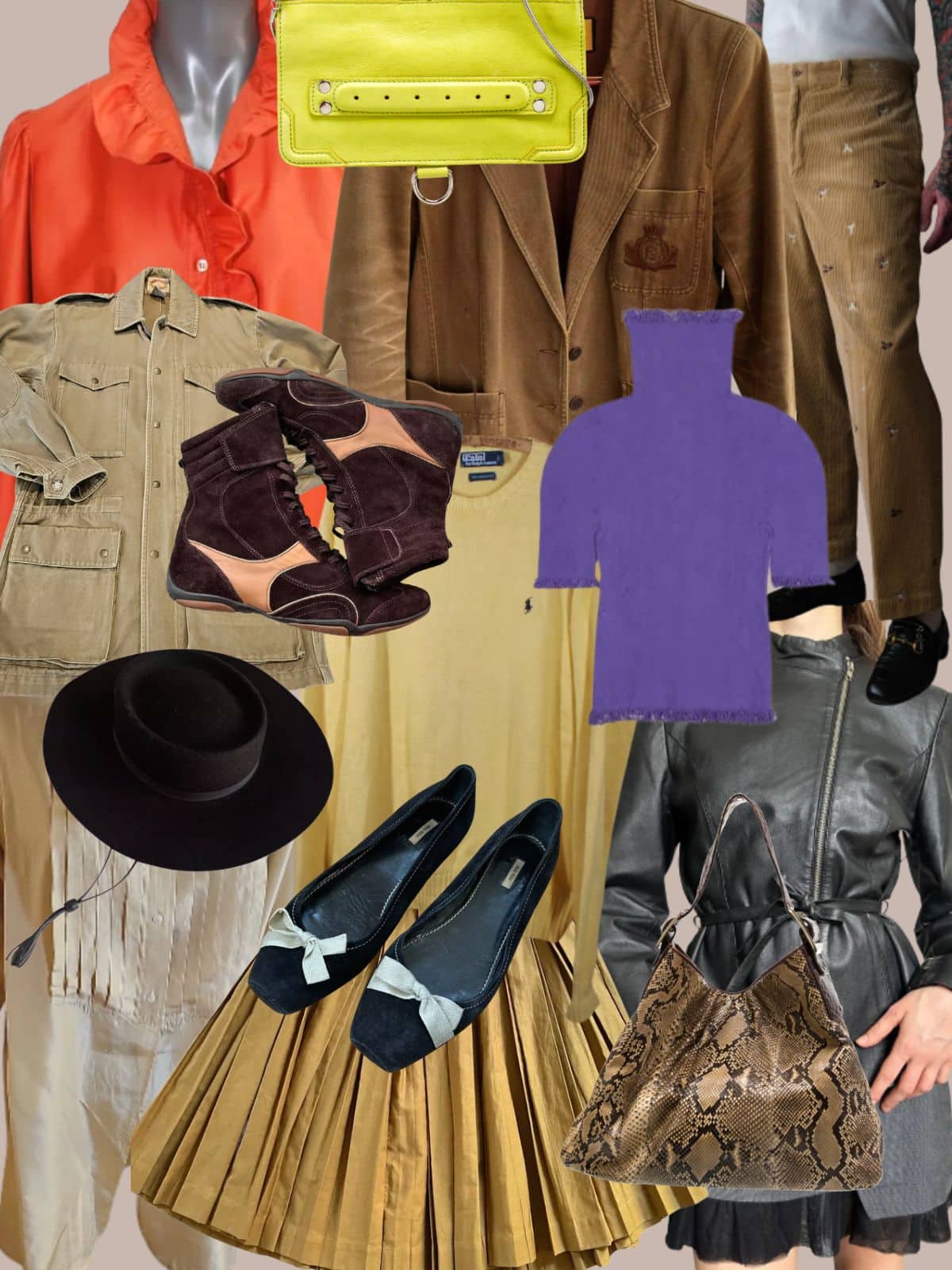a collage of different types of women's clothing and accessories. All vintage or secondhand.