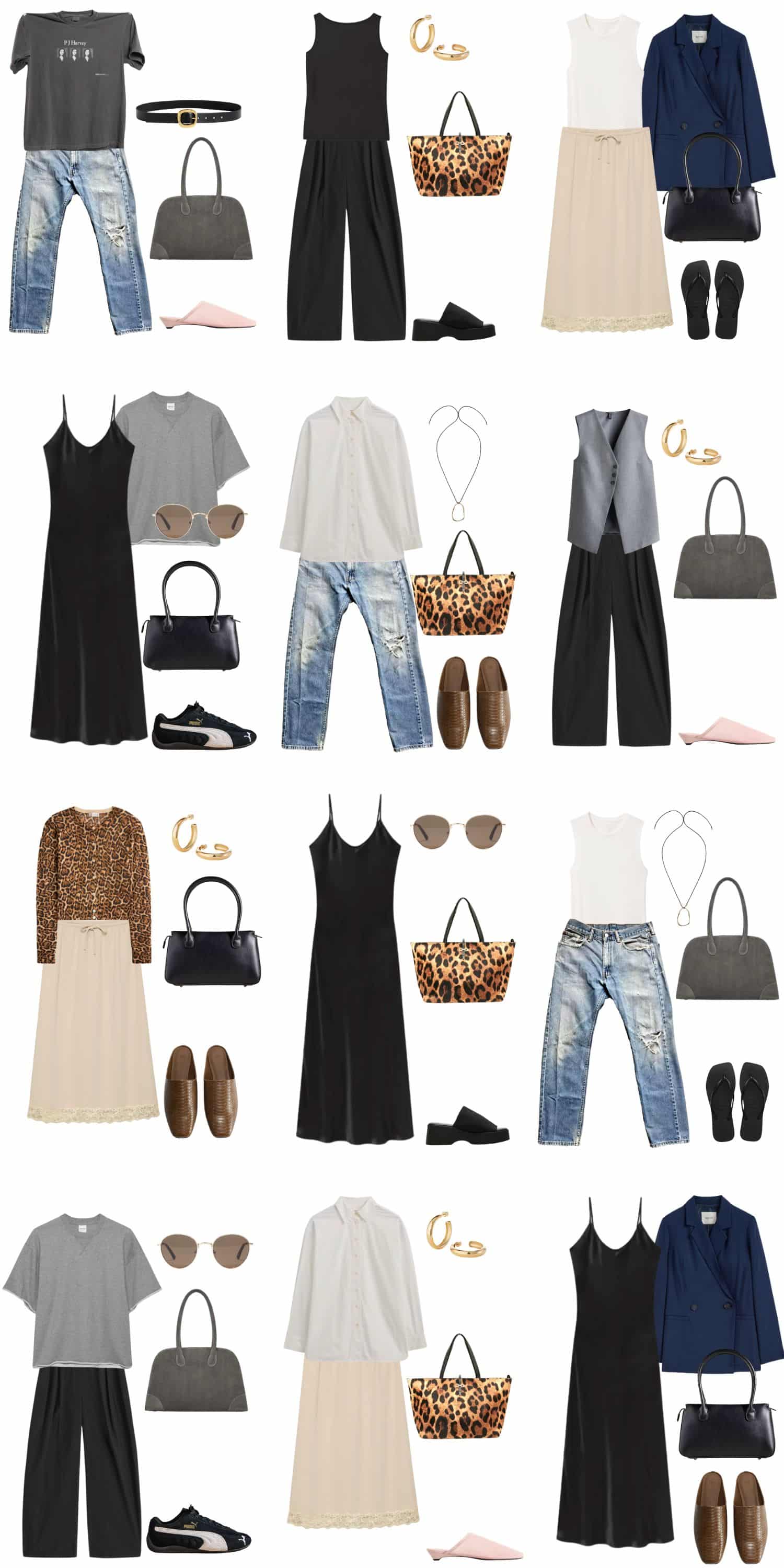 A white background with 12 outfits for A 90s Minimalist Summer Capsule Wardrobe for Modern Times.