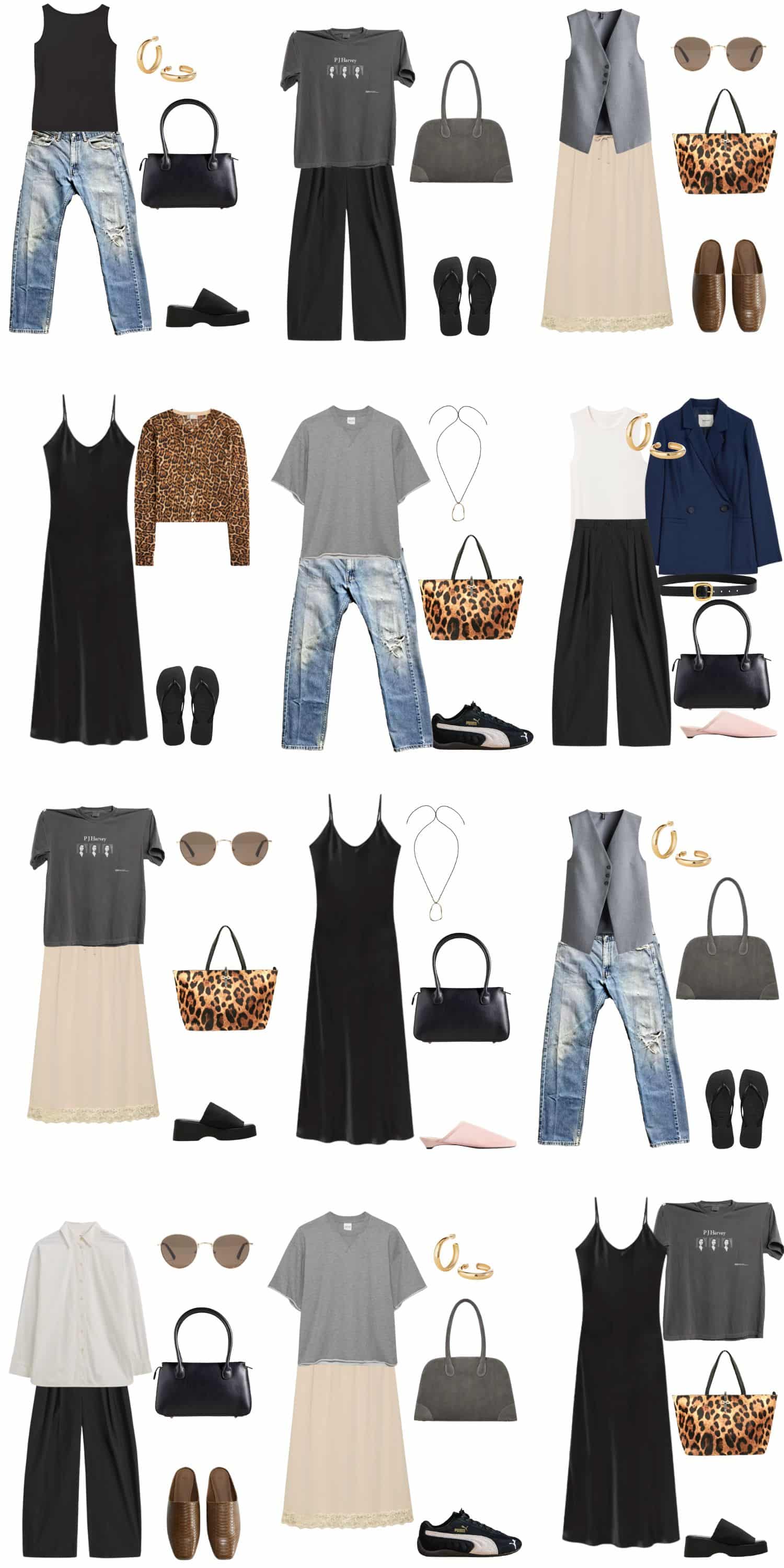 A white background with 12 outfits for A 90s Minimalist Summer Capsule Wardrobe for Modern Times.
