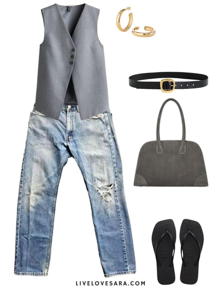 A photo of an outfit of a grey vest, vintage Levis, flip flops, a grey bag, belt, and gold hoops.