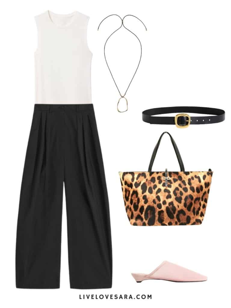 A photo of an outfit of a white tank top with black trousers, a belt, pendant necklace, an animal print tote, and pink mules.