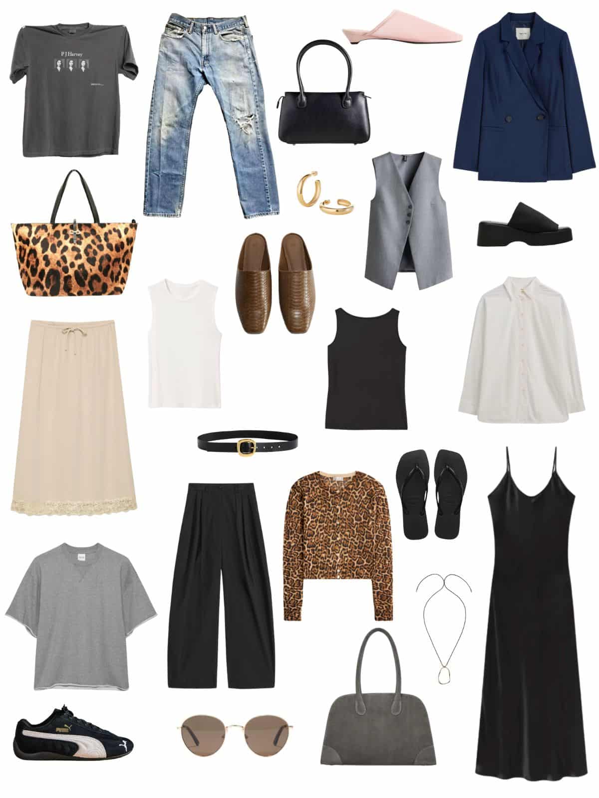 A white background with 12 outfits for A 90s Minimalist Summer Capsule Wardrobe for Modern Times.
