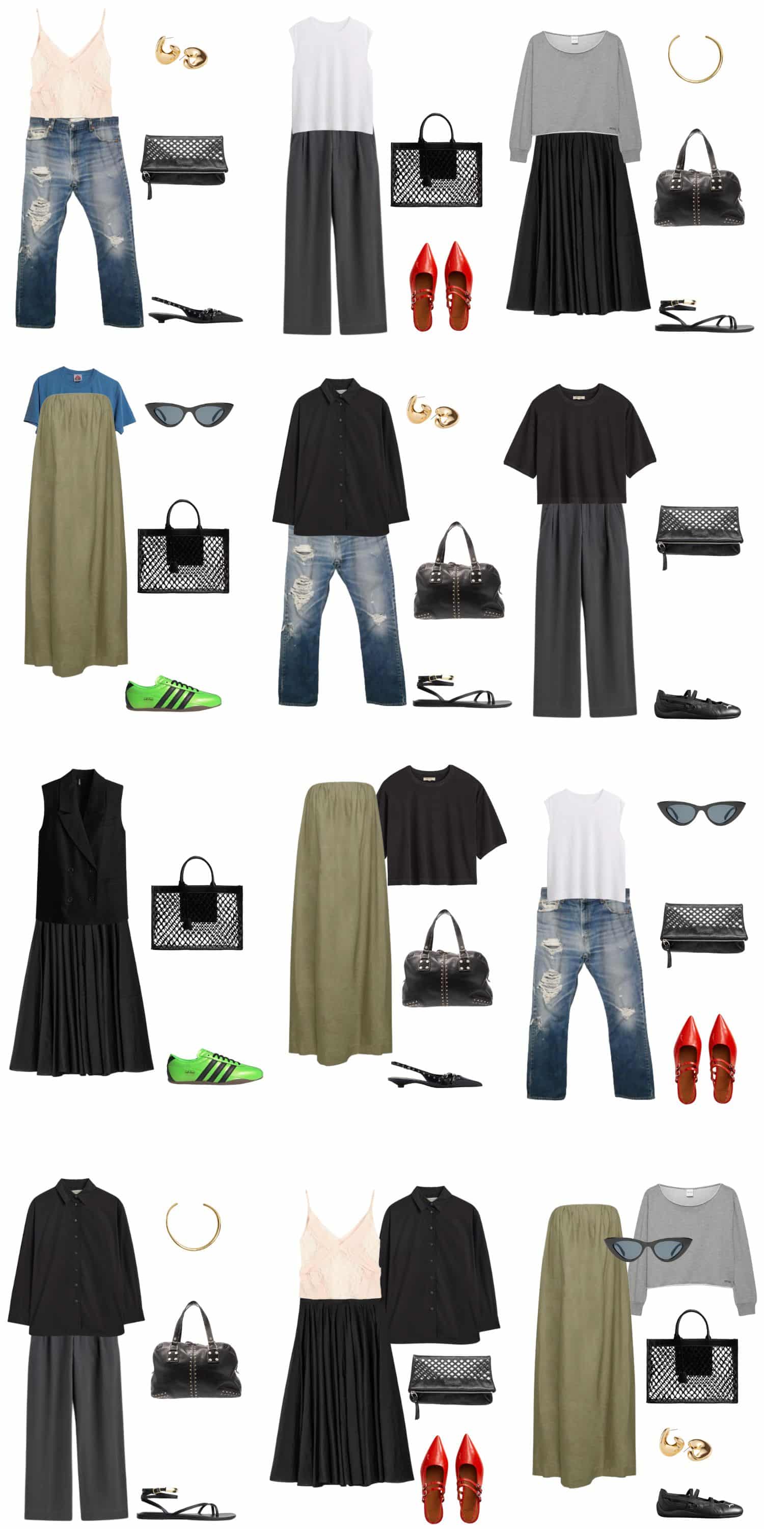 A white background with 12 outfits for Building a Rock Minimalist Summer Capsule Wardrobe.