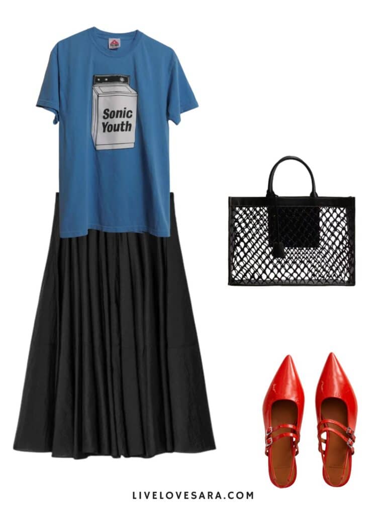 A photo of an outfit of a Sonic Youth tee with a black midi skirt, red flats, and a black bag.