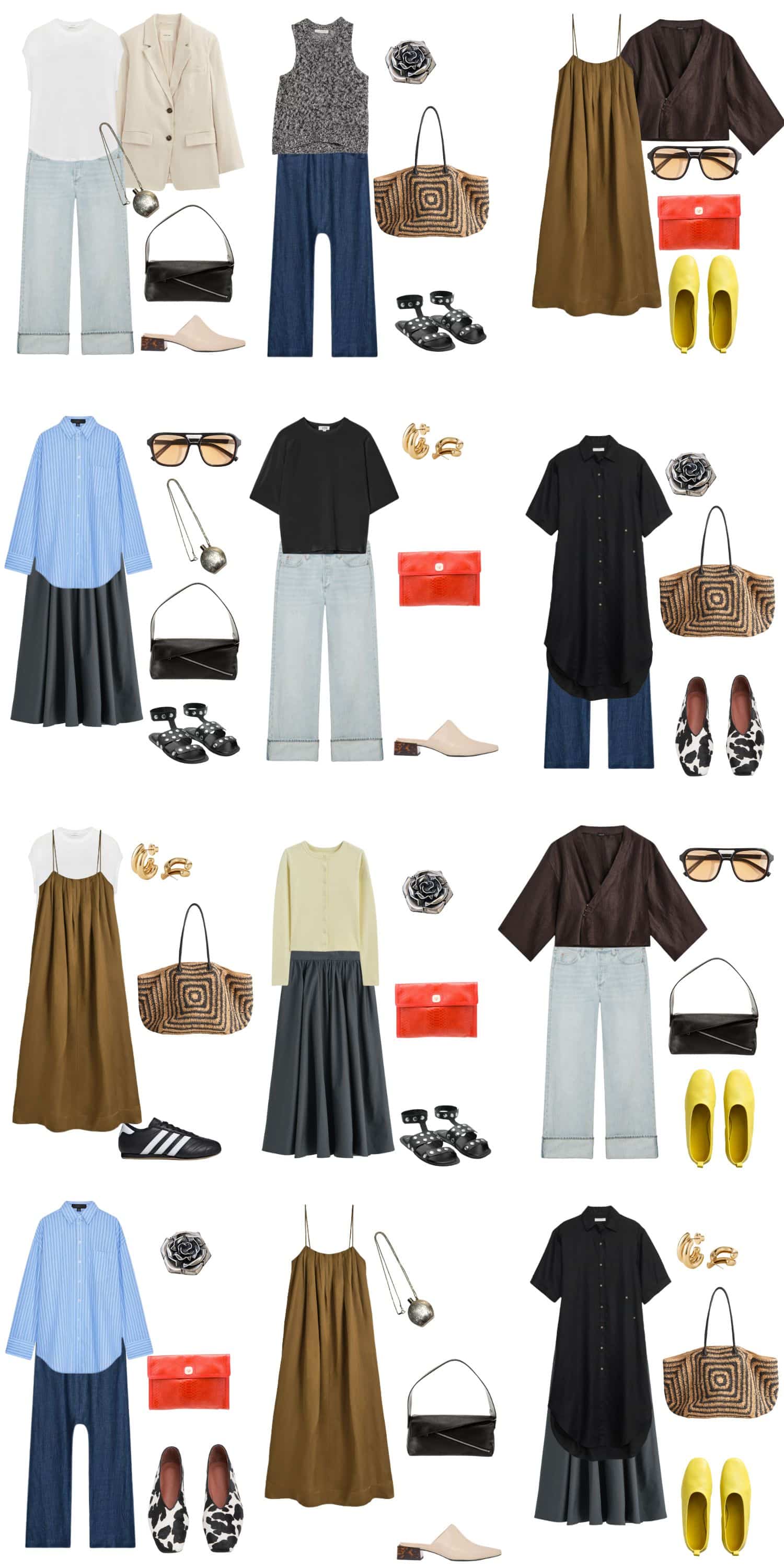 A white background with 12 outfits for Building an Effortless, Polished, and Unexpected Summer Capsule Wardrobe.
