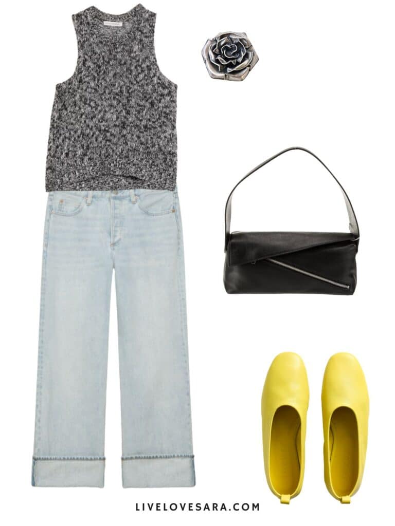 A photo of an outfit of a grey sleeveless knit tank, light blue jeans, a silver rose brooch, yellow flats, and a black bag.