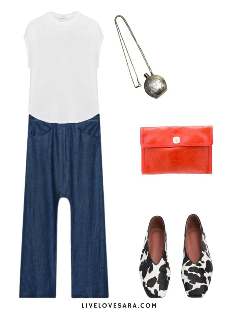A photo of an outfit of a white tank paired with denim blue linen pants, cow print ballet flats, a vintage perfume flask necklace, and an orange clutch.