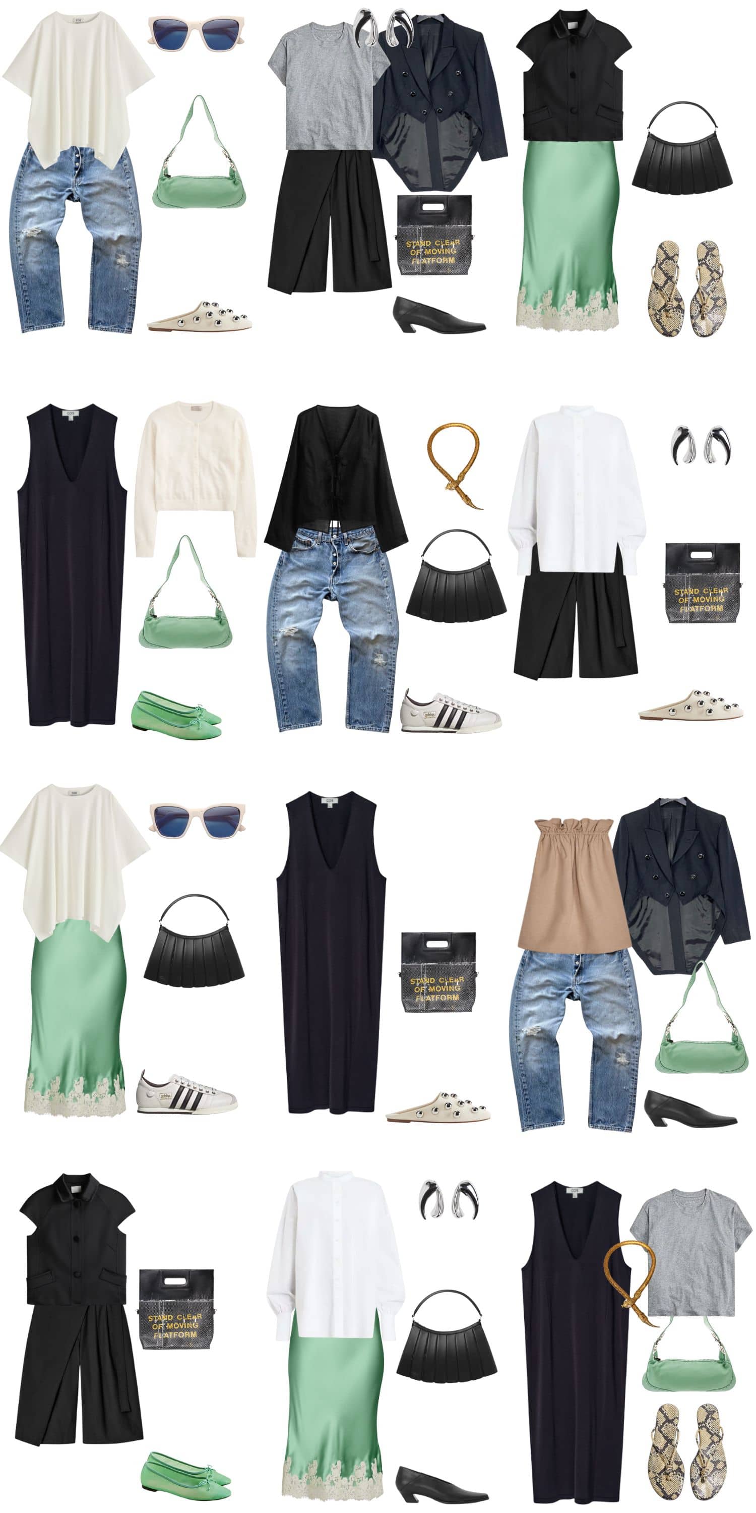 A white background with 12 outfits for Building an Edgy Minimalist Summer Capsule Wardrobe.