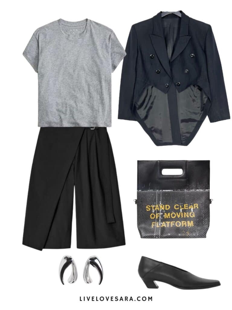 A photo of an outfit of a grey tee, asymmetrical bermuda shorts, a vintage jacket with tails, a black clutch, and black heels.