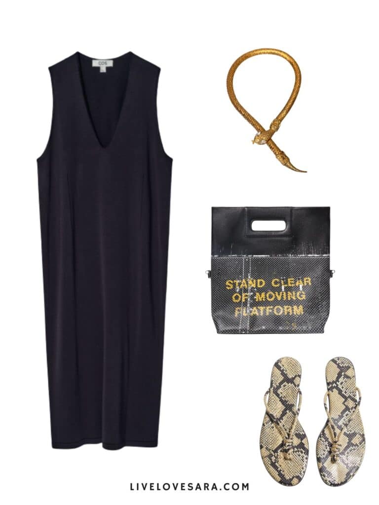 A photo of an outfit of a navy blue maxi dress, a black clutch, a vintage snake necklace, and snake print flip flops.