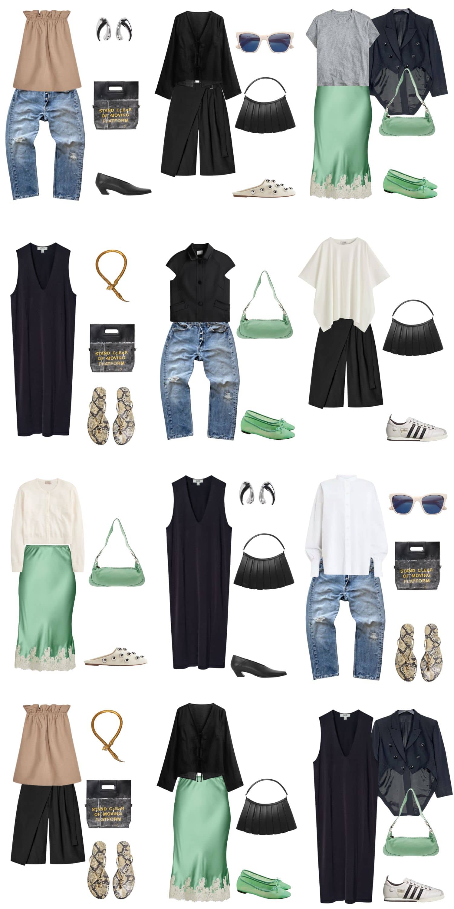 A white background with 12 outfits for Building an Edgy Minimalist Summer Capsule Wardrobe.