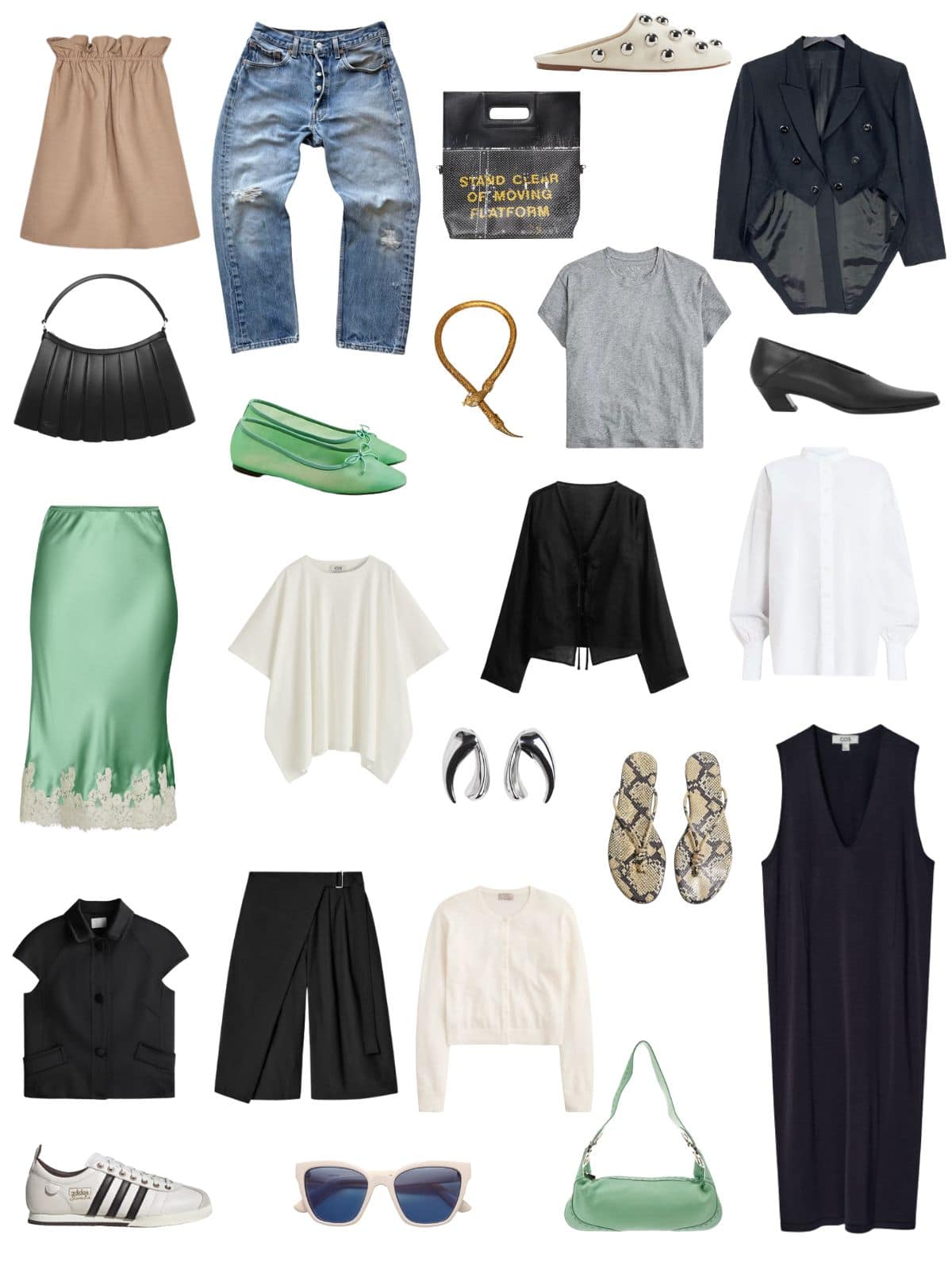 A white background with 12 outfits for Building an Edgy Minimalist Summer Capsule Wardrobe.