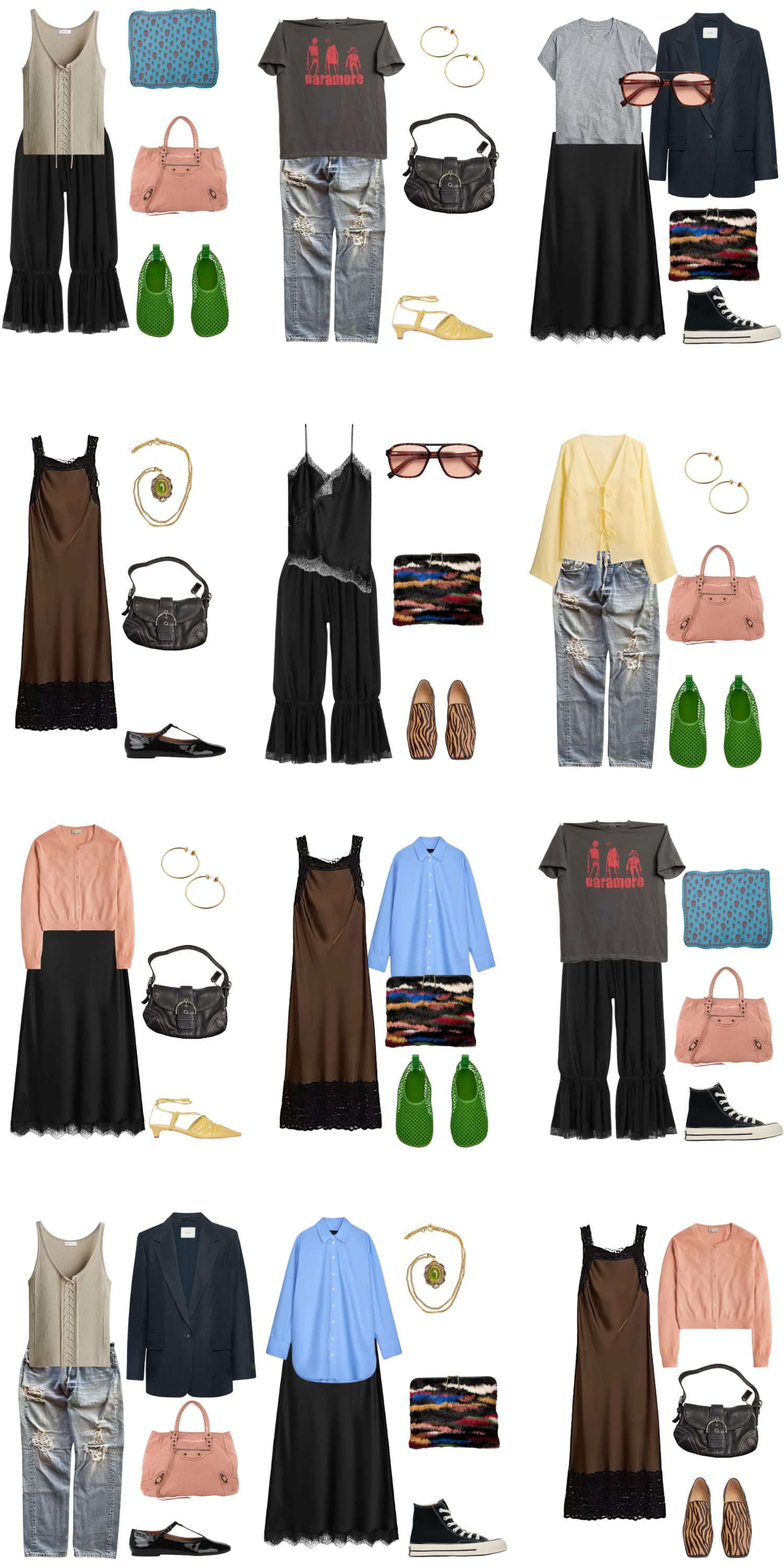 A white background with 12 outfits for The Messy Girl Summer Capsule Wardrobe.