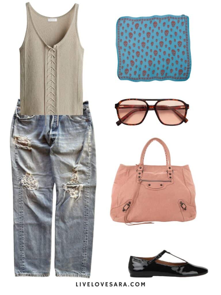 A photo of an outfit of a tie front tank, vintage levis,mary janes, an alexander mcqueen scarf, sunglasses, and a pink tote.