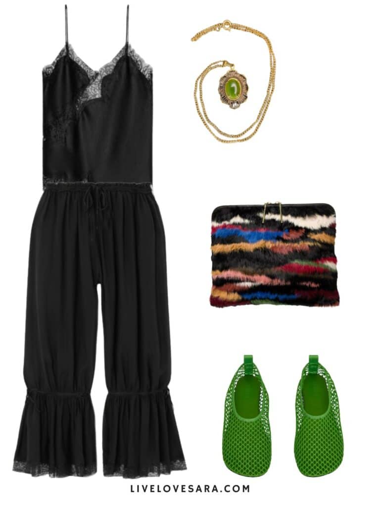 A photo of an outfit of a black camisole with bloomer pants, green shoes, a vintage pendant necklace, and a faux fur clutch.