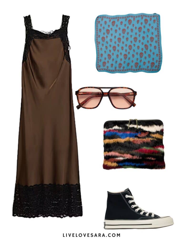 A photo of an outfit of a brown slip skirt, alexander mcqueen scarf, faux fur clutch, sunglasses, and converse.