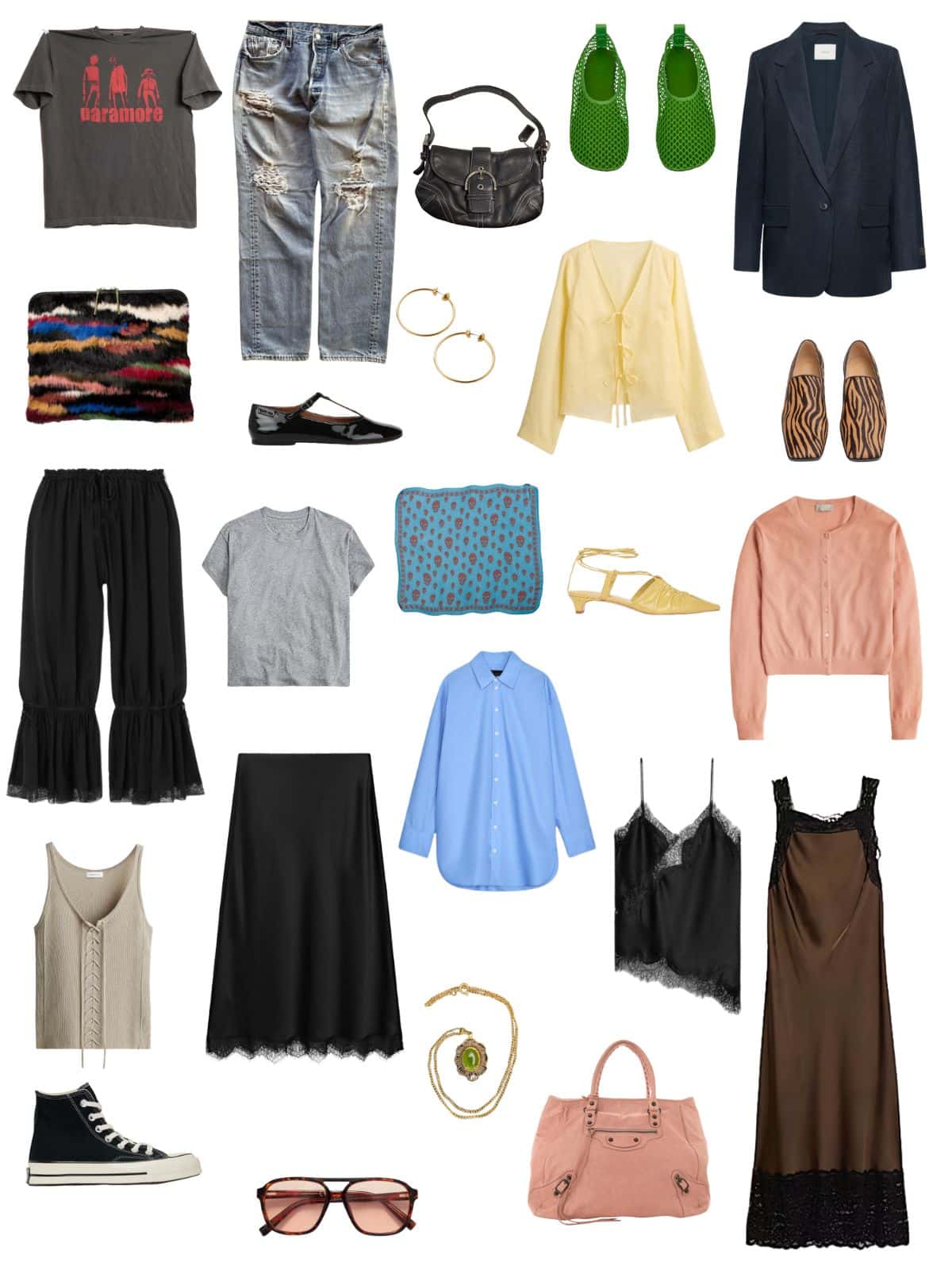 A white background with 12 pieces of clothing plus shoes and accessories for the messy girl Summer Capsule Wardrobe.