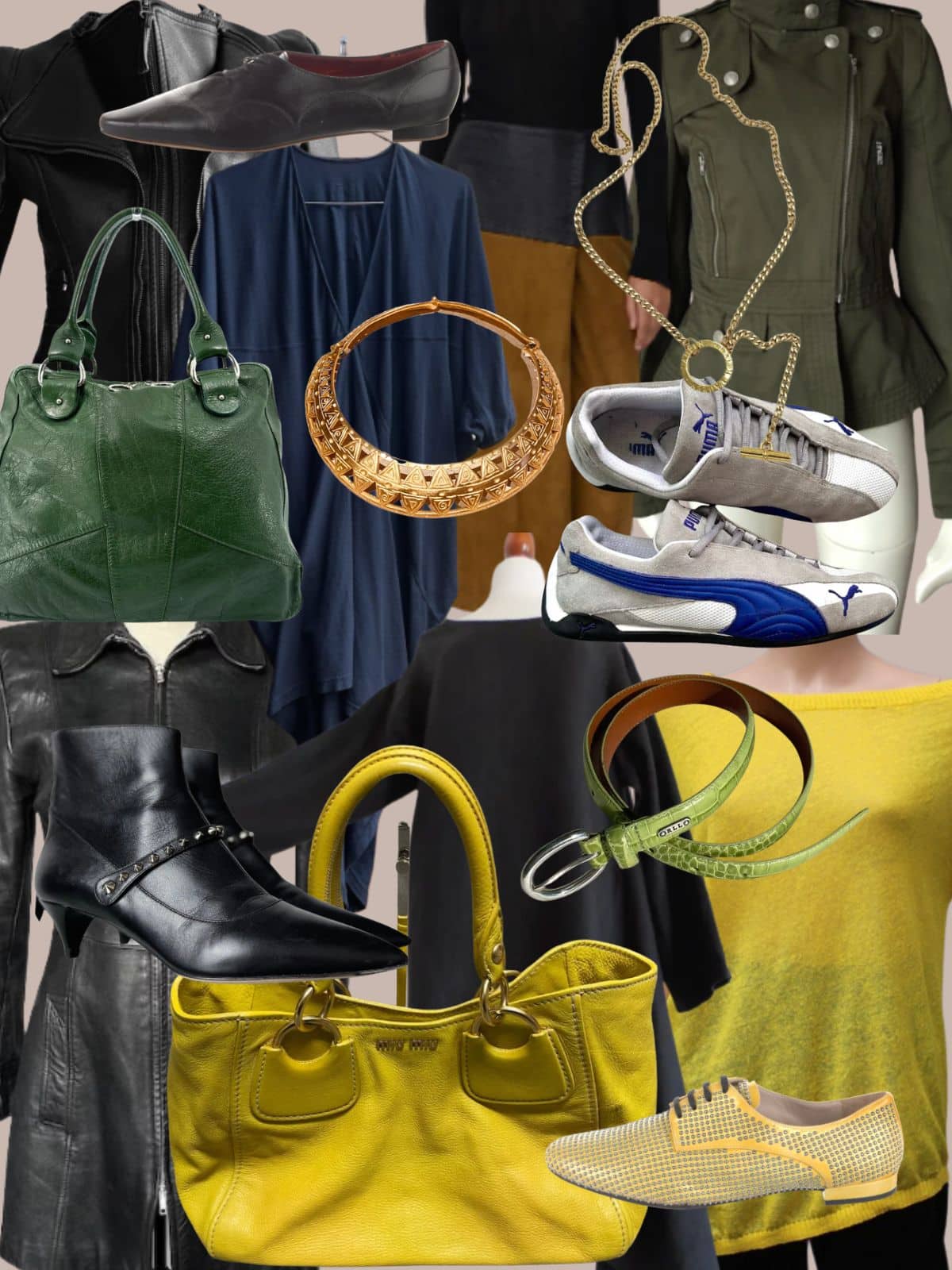 a collage of different types of women's clothing and accessories. All vintage or secondhand.