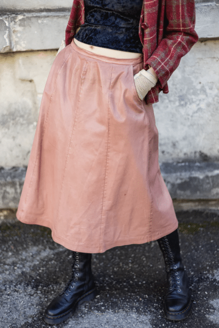 pink leather midi skirt