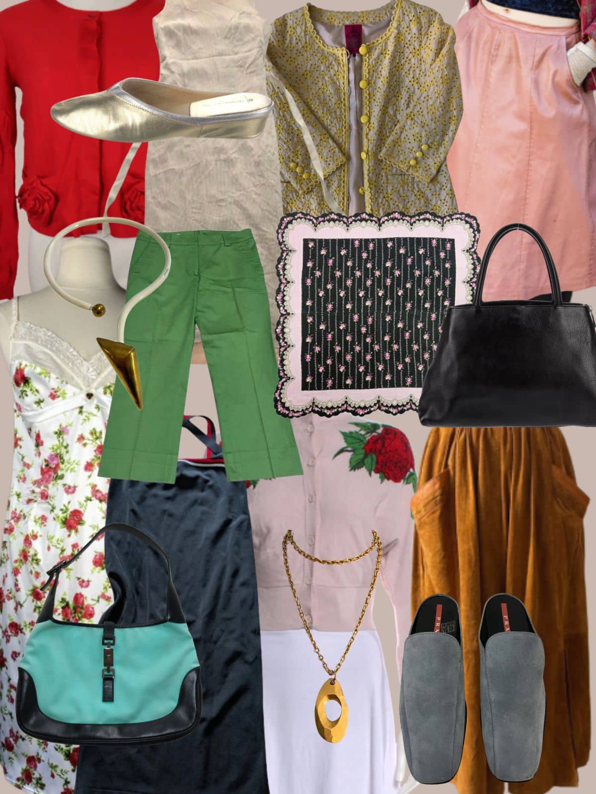 a collage of different types of women's clothing and accessories. All vintage or secondhand.