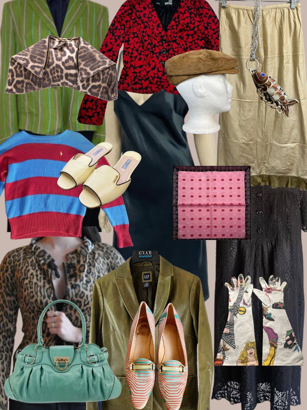 a collage of different types of women's clothing and accessories. All vintage or secondhand.