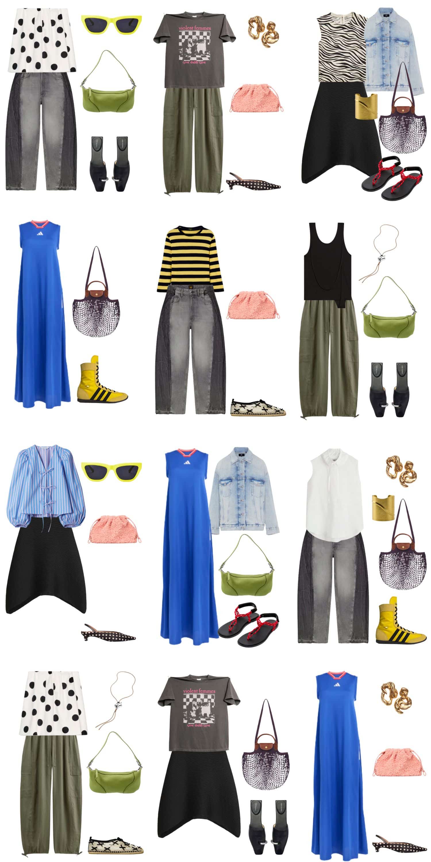 A white background with 12 outfits for A Minimal Maximalist Summer Capsule Wardrobe.