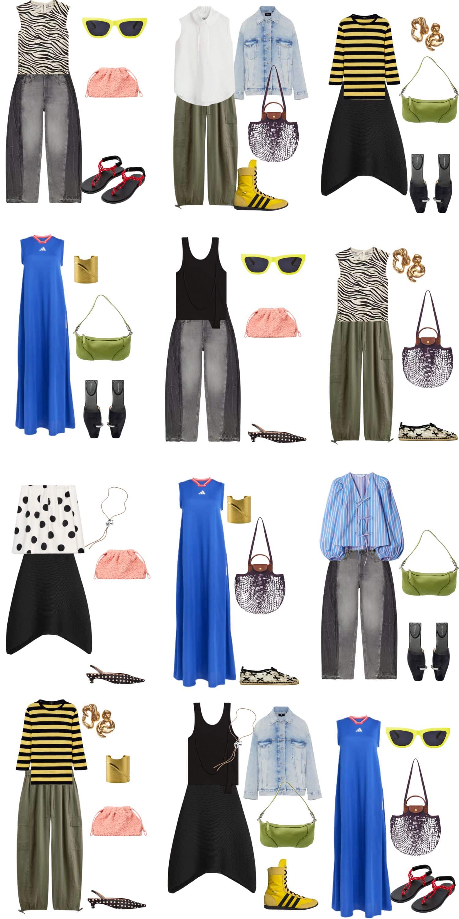A white background with 12 outfits for A Minimal Maximalist Summer Capsule Wardrobe.