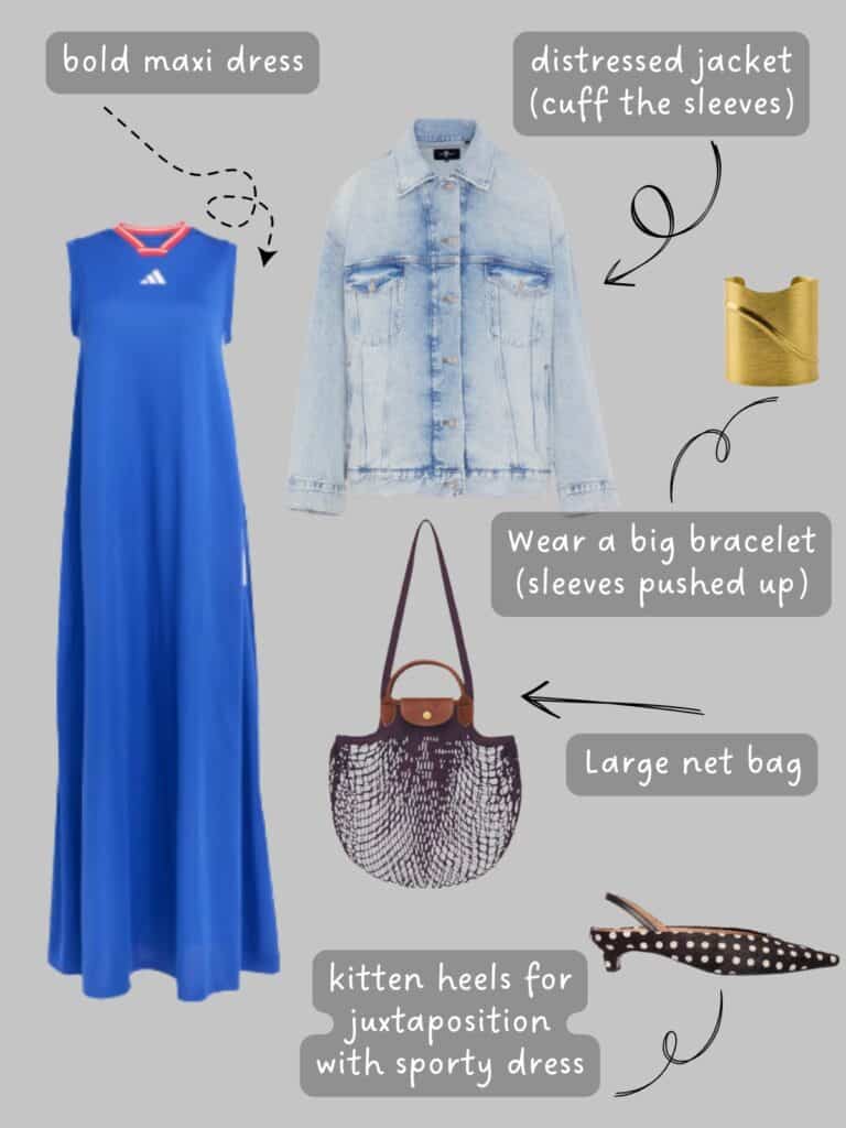 A photo of an outfit of a blue Adidas maxi dress, distressed denim jacket, net bag, a golg bangle, and polka dot kitten heels.