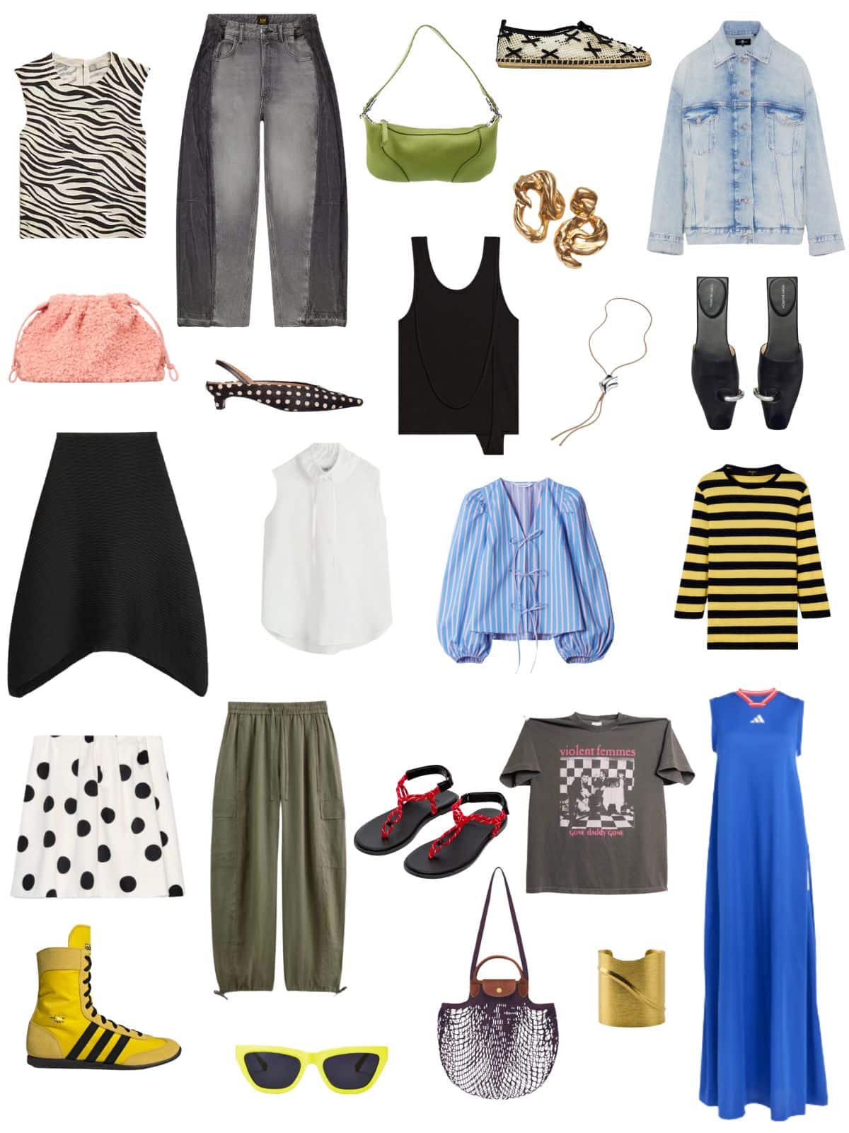 A white background with 12 pieces of clothing plus shoes and accessories for A Minimal Maximalist Summer Capsule Wardrobe.
