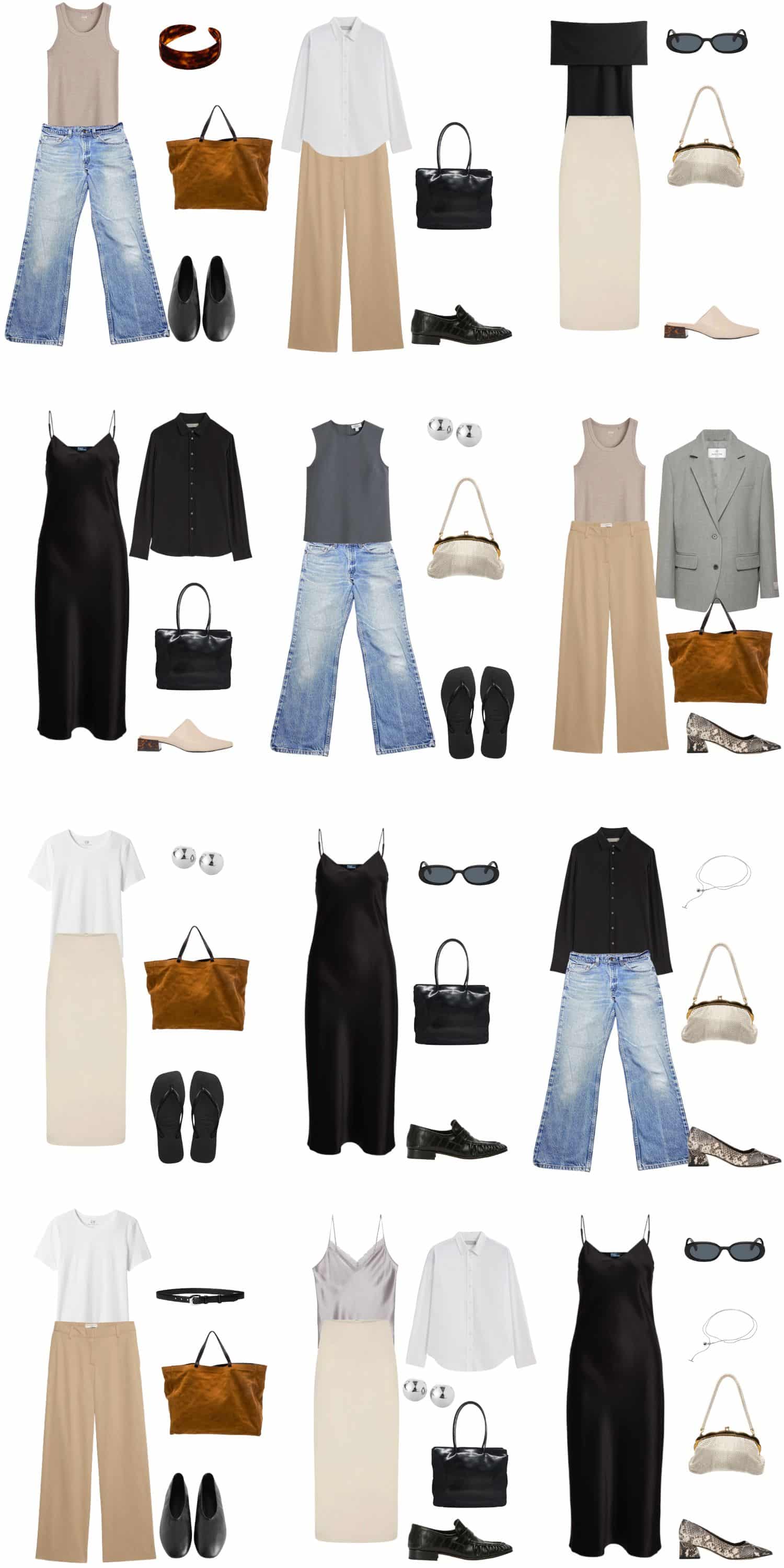 A white background with 12 outfits for Building a Carolyn Bessette-Kennedy Inspired Summer Capsule Wardrobe.