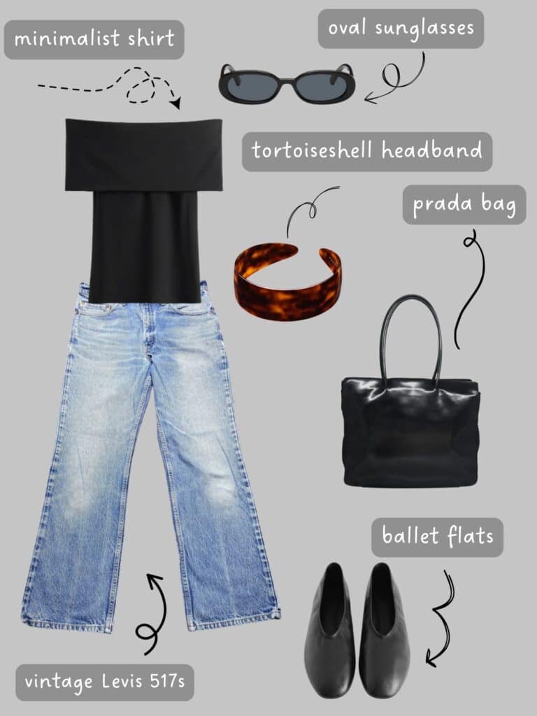 A photo of an outfit of an off the shoulder shirt paired with vintage levis 517s, a headband, ballet flats, oval sunglasses, and a Prada bag.