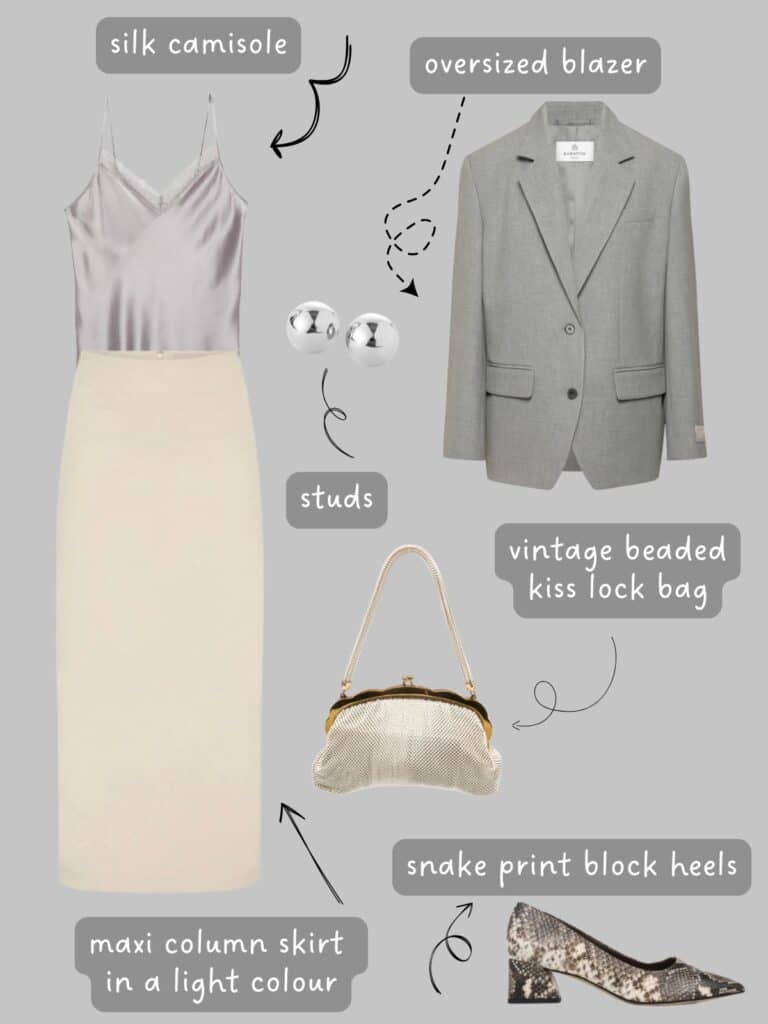 A photo of an outfit of a grey camisole paired with a cream column skirt, grey blazer, snake print block heels, silver studs, and a white beaded vintage bag.