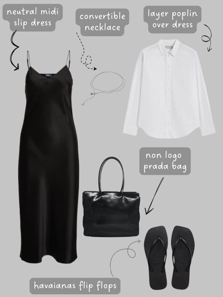 A photo of an outfit of a black slip dress, white button up, a silver necklace, flip flops, and a Prada bag.