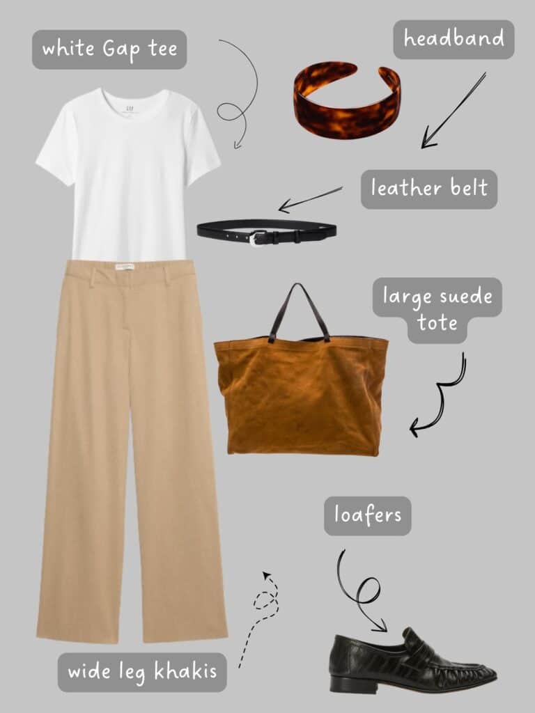 A photo of an outfit of a white tee, wide leg khakis, a headband, black belt, black loafers, and a large suede tote.