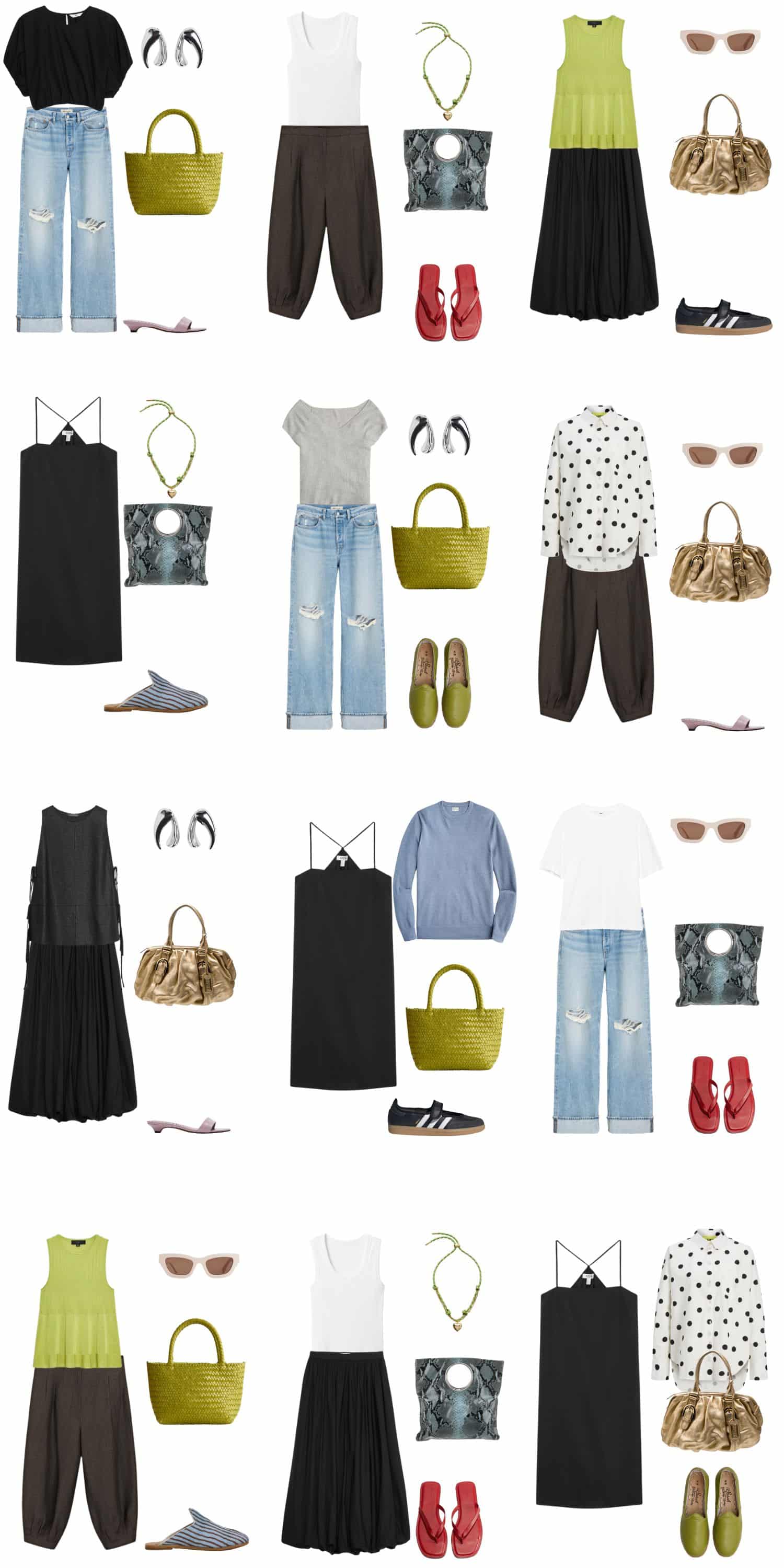 A white background with 12 outfits for Summer Dressing Made Easy: The Ultimate Summer Capsule Wardrobe.
