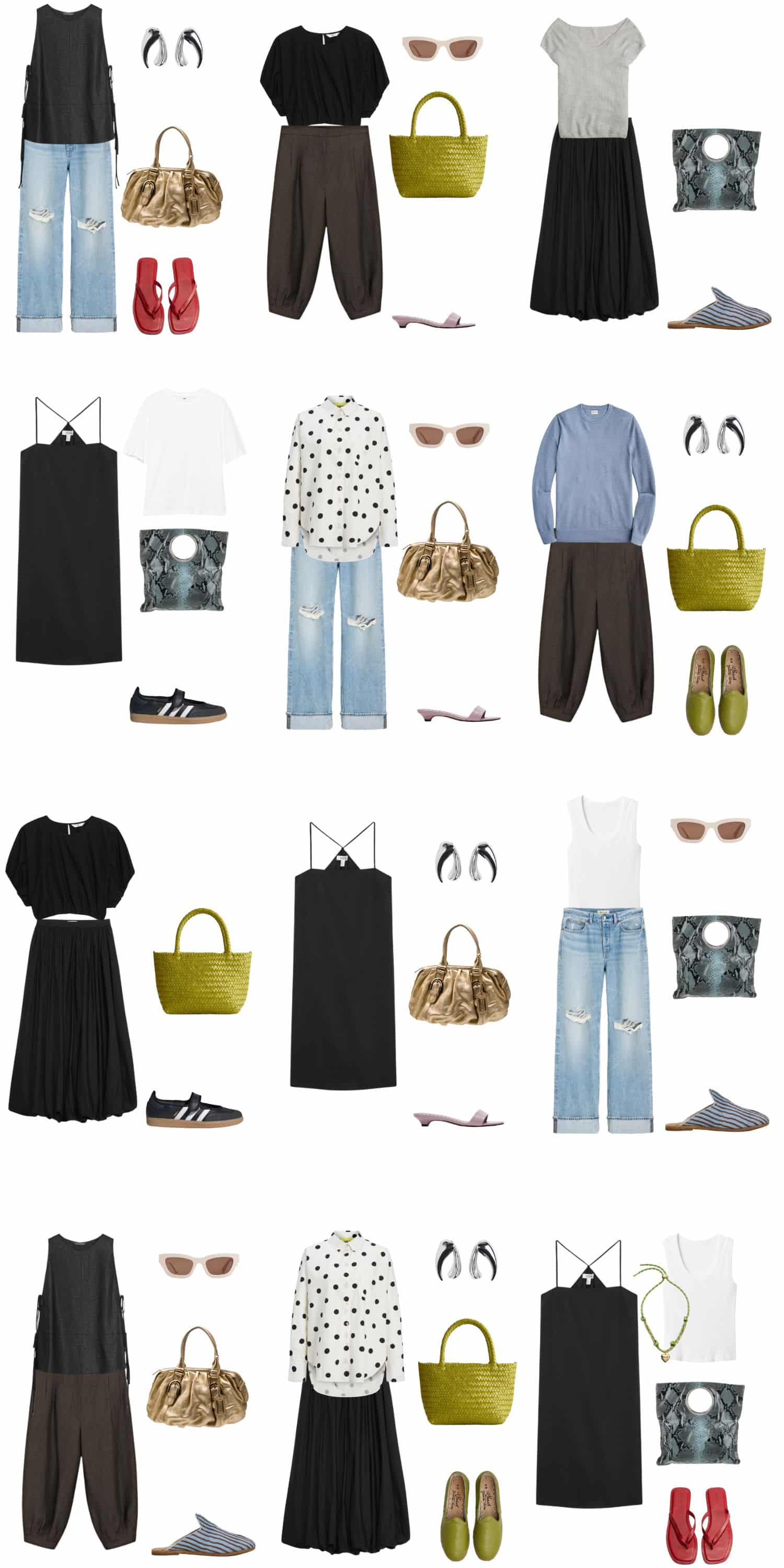 A white background with 12 outfits for Summer Dressing Made Easy: The Ultimate Summer Capsule Wardrobe.
