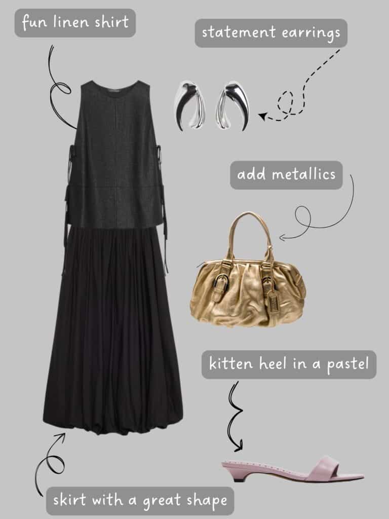 A photo of an outfit of a linen shirt, long bubble skirt, gold bag, statement earrings, and light purple kitten heels.