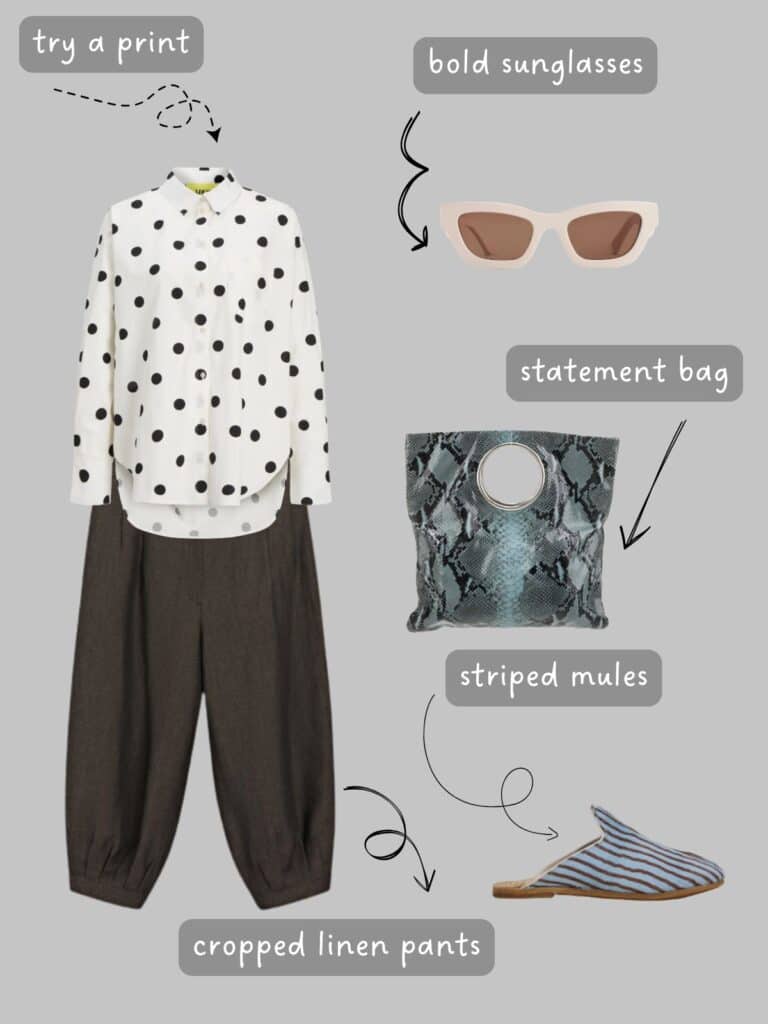 A photo of an outfit of a polka dot button up, linen cropped pants, blue striped mules, a snake print bag, and white sunglasses.