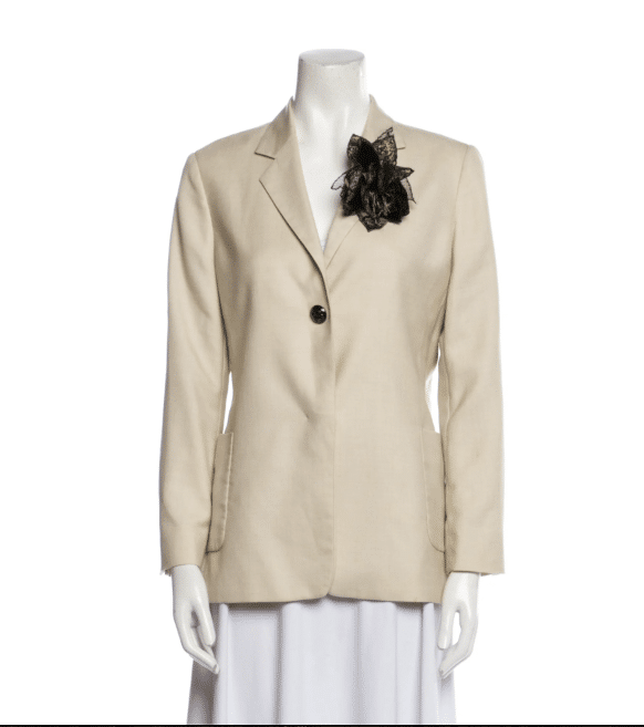 off white cashmere blazer with flower brooch