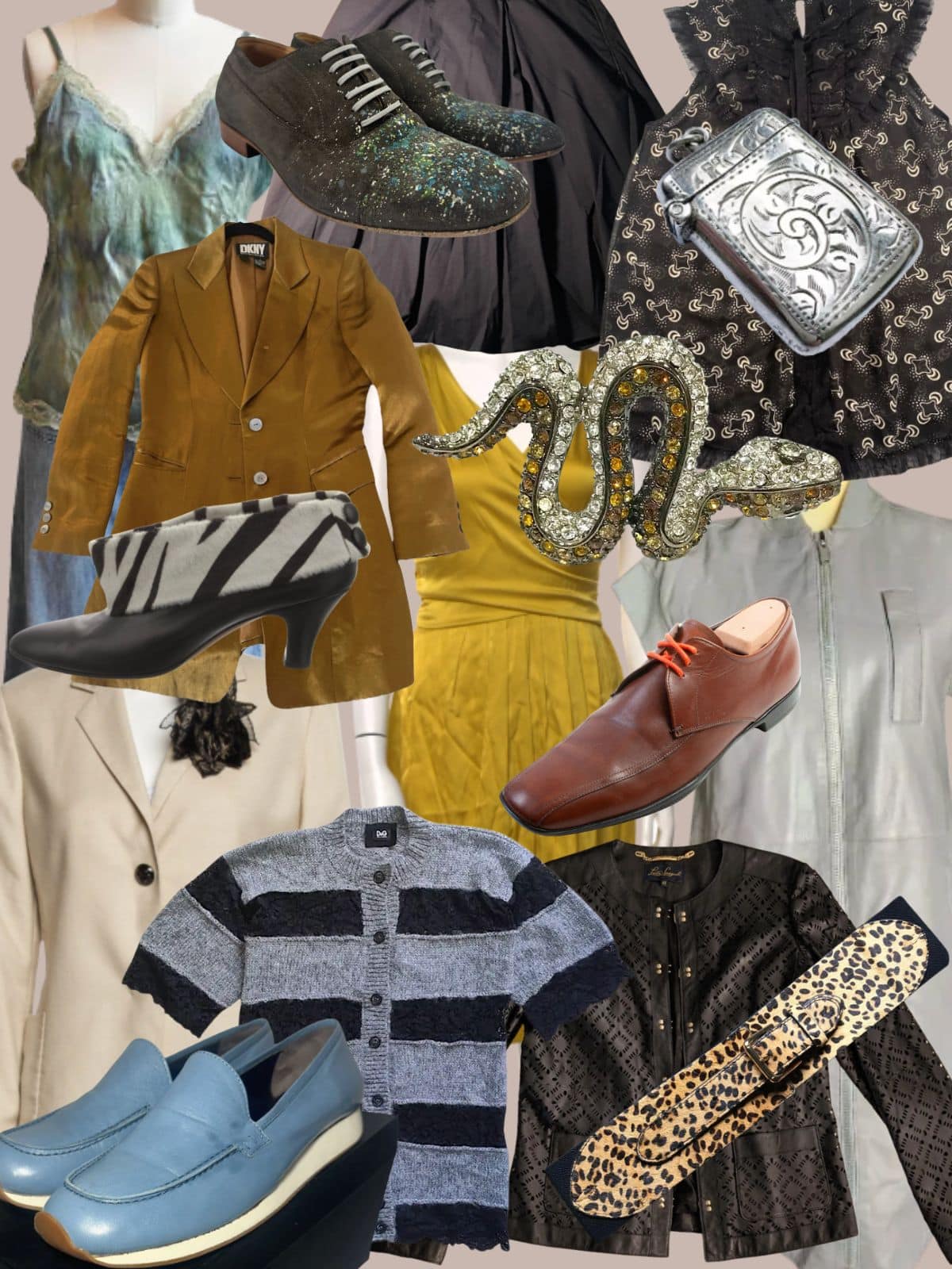 a collage of different types of women's clothing and accessories. All vintage or secondhand.